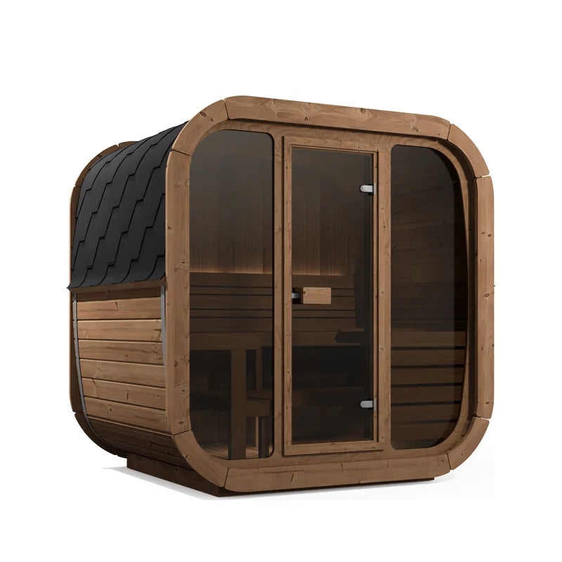 ICON 160 Kube sett skrått forfra, med helglassfront, glassdør og svart takshingel
