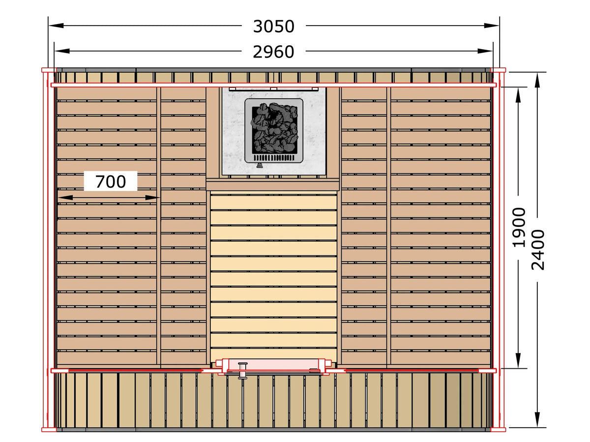 Plantegning av ICON 300 Kube: 3050 × 2400 mm utvendig og 2960 × 1900 mm innvendig gulv, med benker langs begge sider og ovn i bakveggen